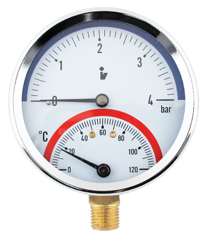 Termomanometr, spodní připojení 1/2'', 0–4 bar
