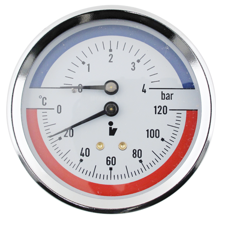 Termomanometr, zadní připojení 1/2'' , 0–4 bar