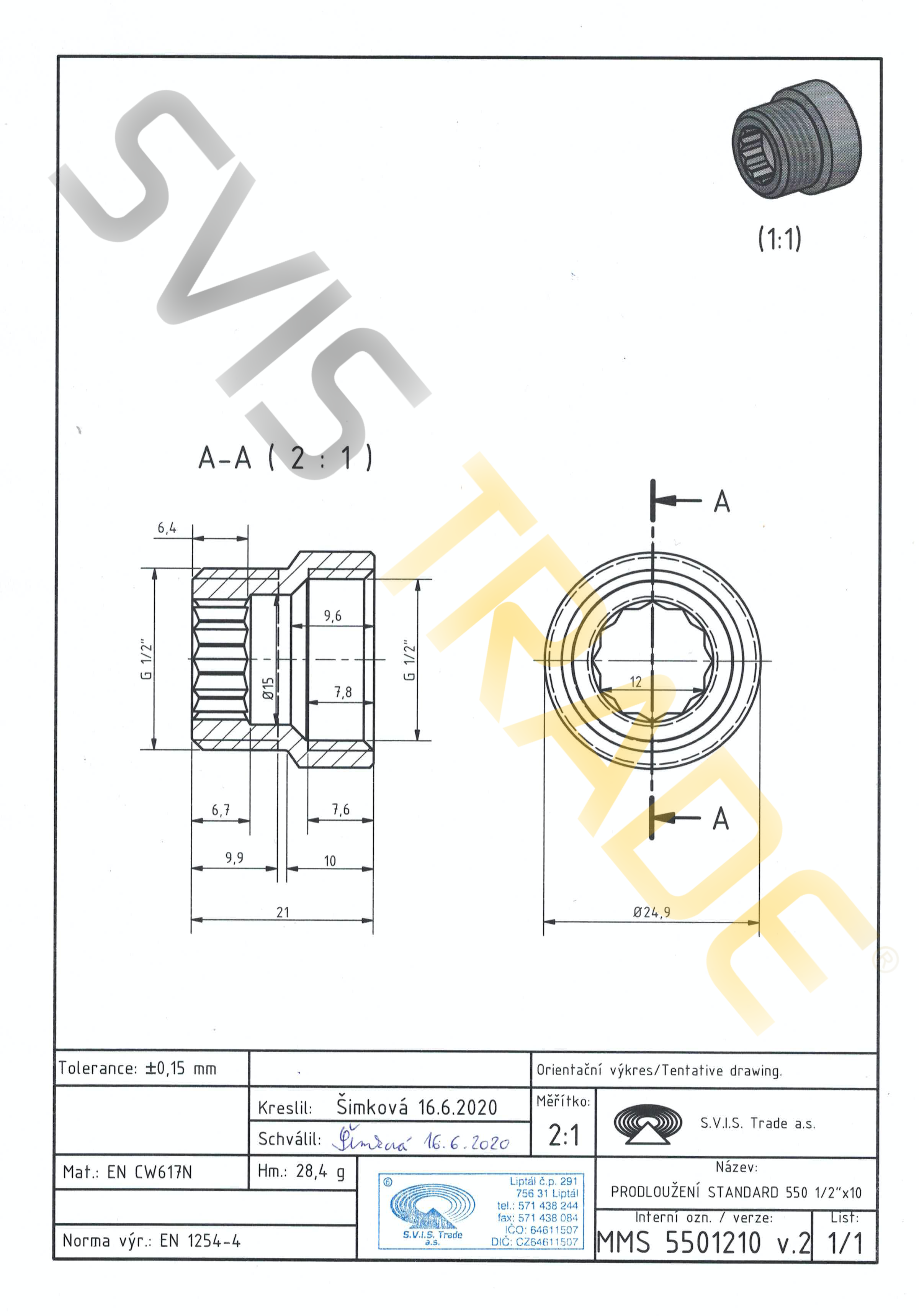 Mosazné prodloužení 1/2" x 10 mm SVIS