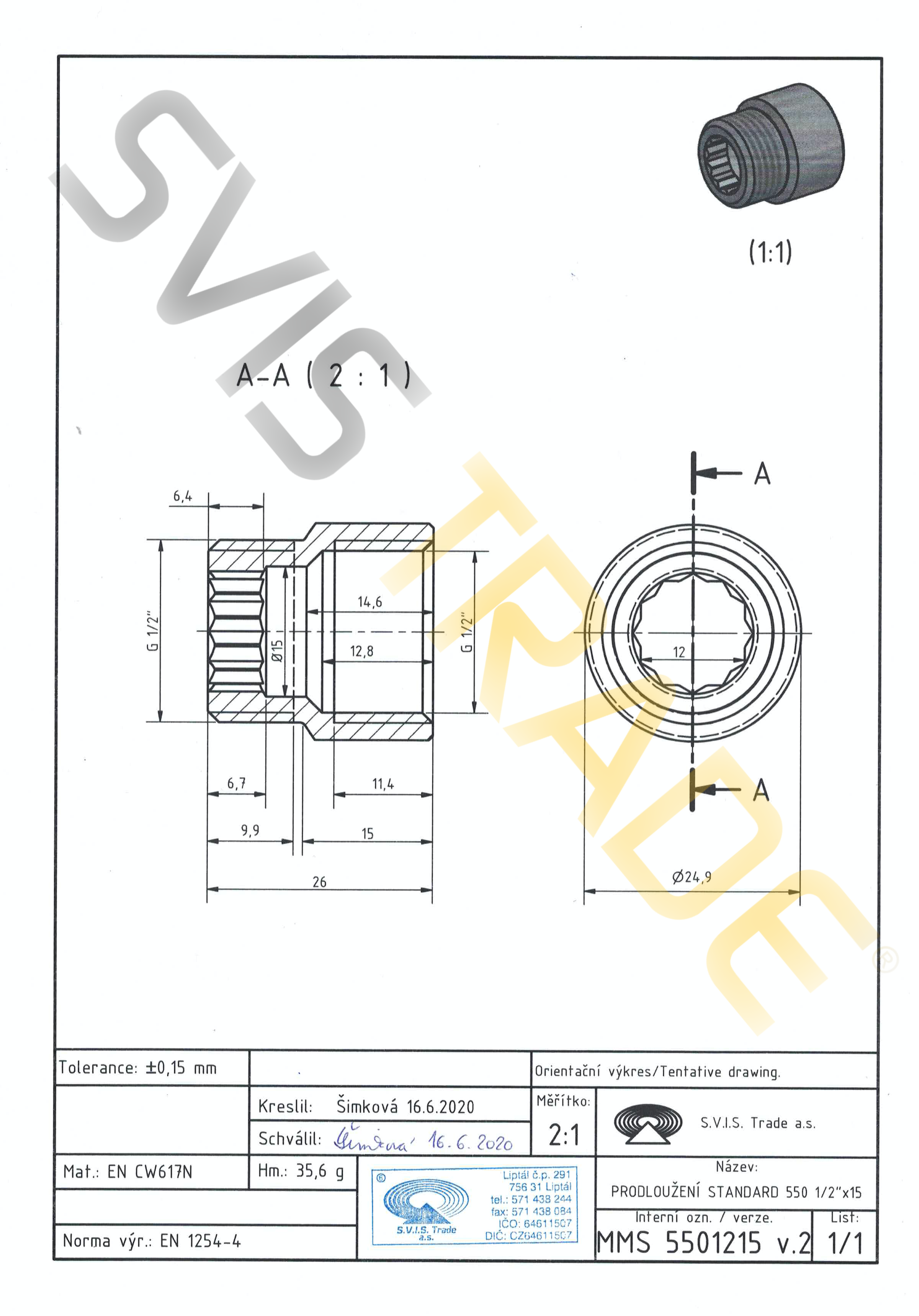 Mosazné prodloužení 1/2" x 15 mm SVIS