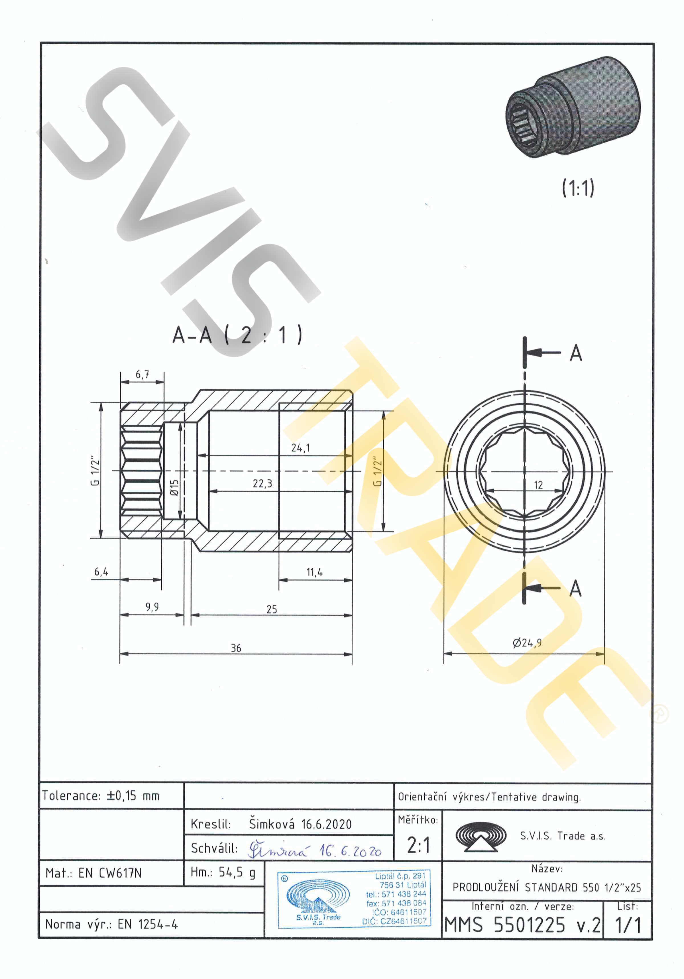 Mosazné prodloužení 1/2" x 25 mm SVIS
