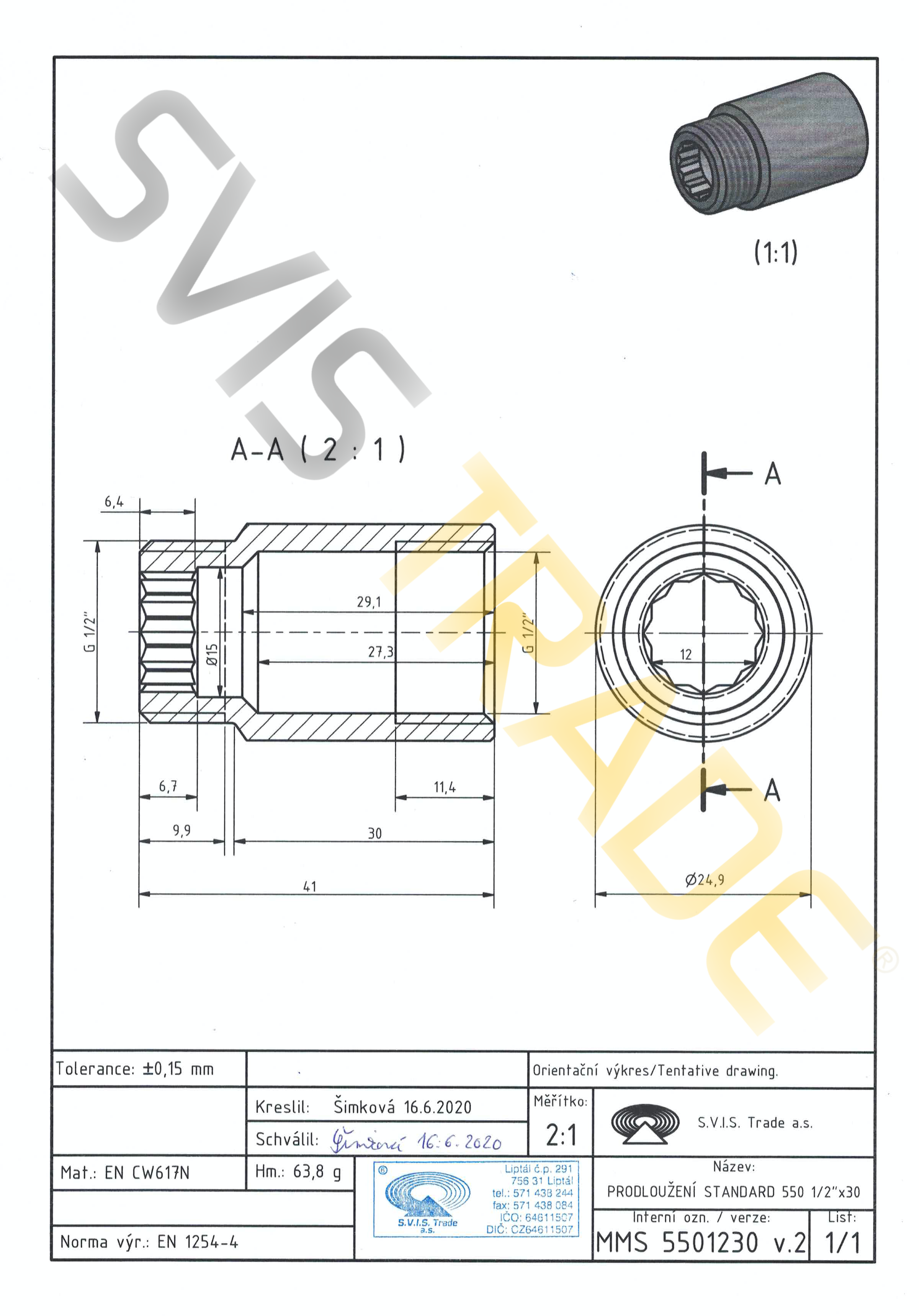 Mosazné prodloužení 1/2" x 30 mm SVIS