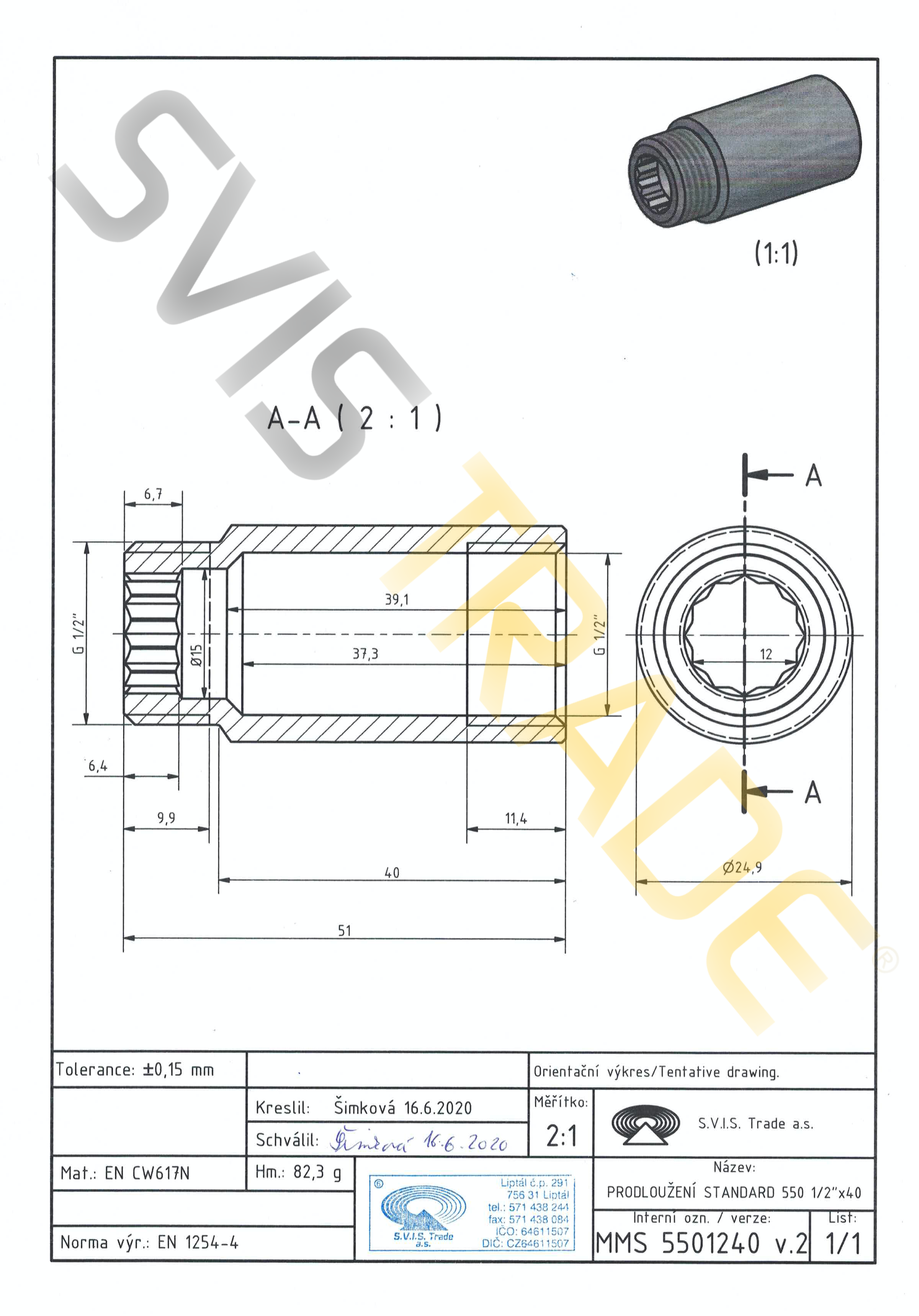 Mosazné prodloužení 1/2" x 40 mm SVIS