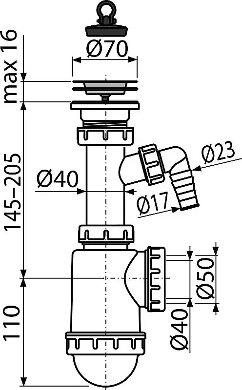 sifon dřezový DN50/40 s přípojkou Alcaplast A441P