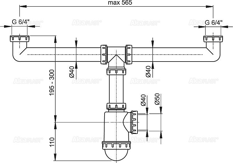 Sifon pro dvoudřez s převlečnými maticemi 6/4" DN50/40 Alcadrain A448