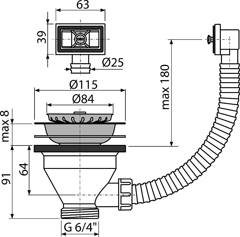 Výpust dřezová A38 6/4" s nerezovu mřížkou Alcadrain A38