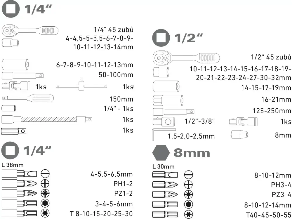 Hlavice nástrčné, sada 94ks, 1/4", 1/2"