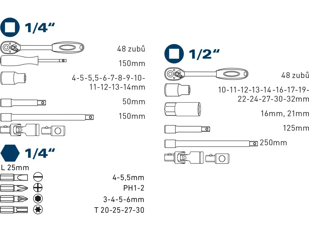 hlavice nástrčné, sada 50ks, 1/4", 1/2" Fortum 4700002
