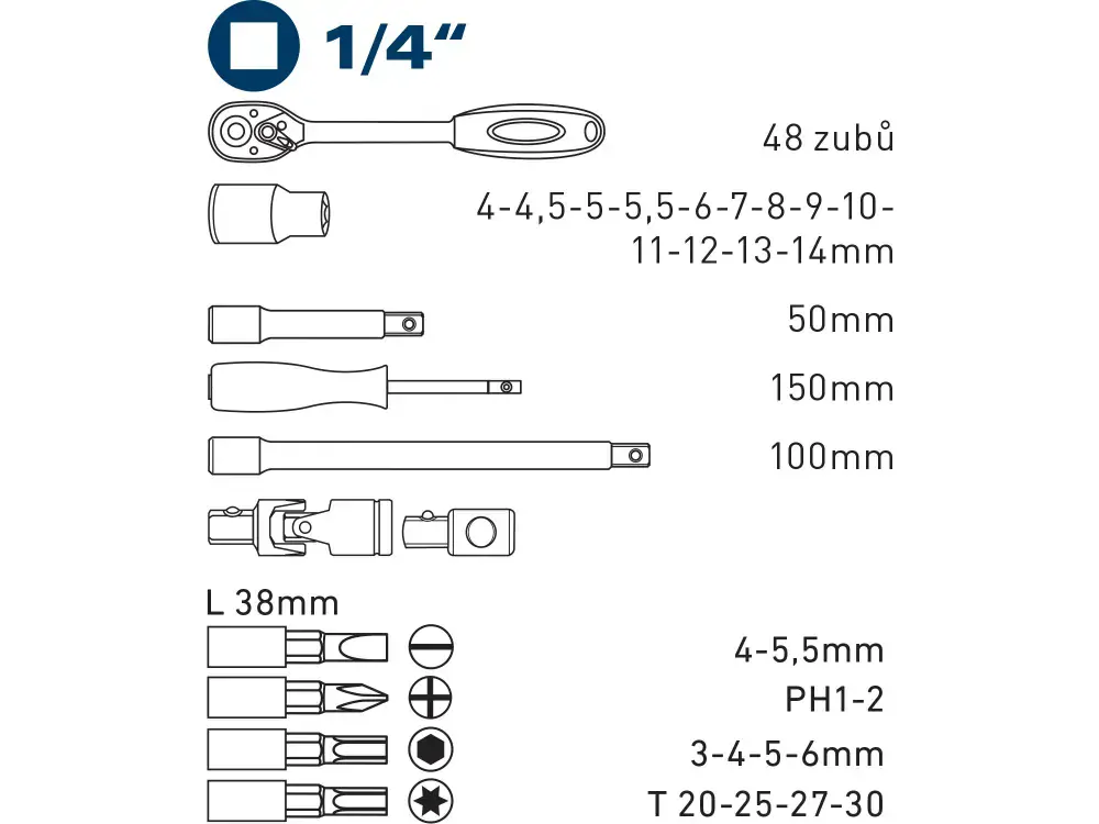 Hlavice nástrčné a zástrčné, sada 31ks, 1/4" Fortum 4700003