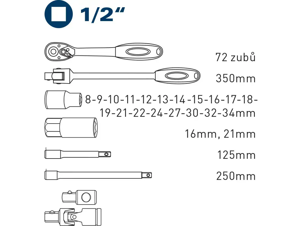 hlavice nástrčné, sada 27ks, 1/2" Fortum 4700014