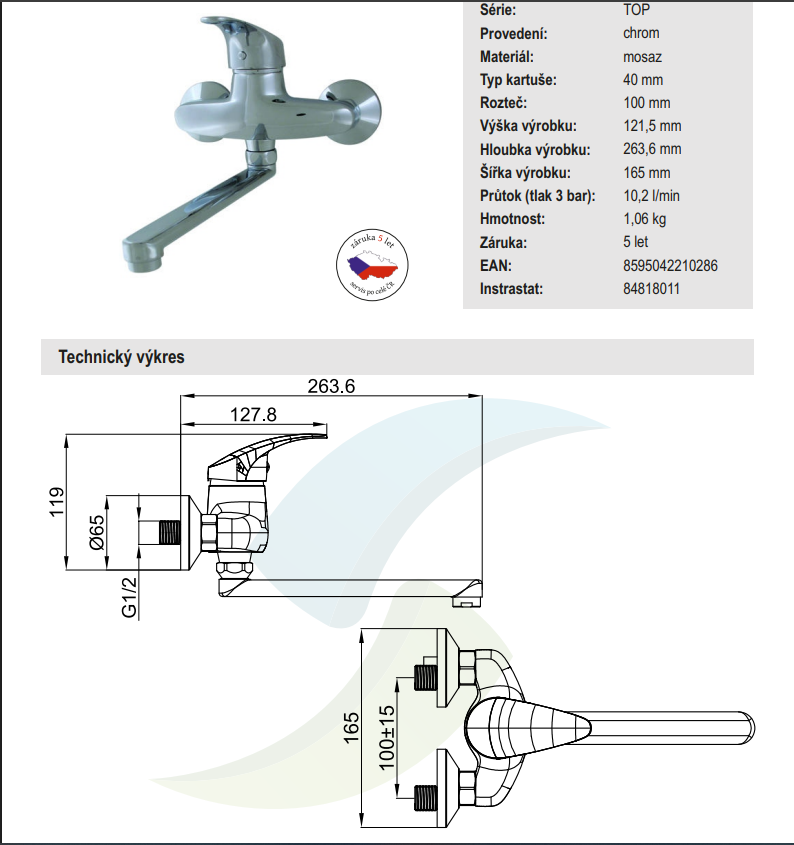 Baterie dřezová nástěnná s ramínkem "R", rozteč 100 mm