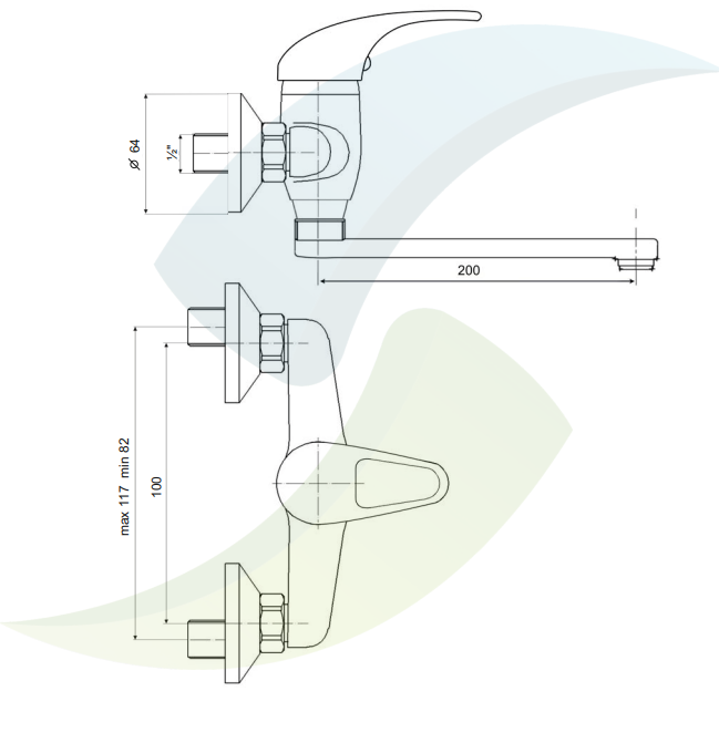 Baterie dřezová nástěnná s ramínkem "R", rozteč 100 mm