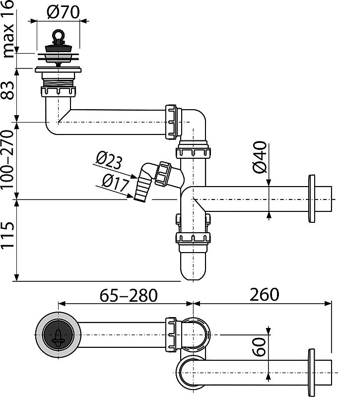 Prostorově úsporný dřezový sifon DN40 s přípojkou Alcadrain A870P