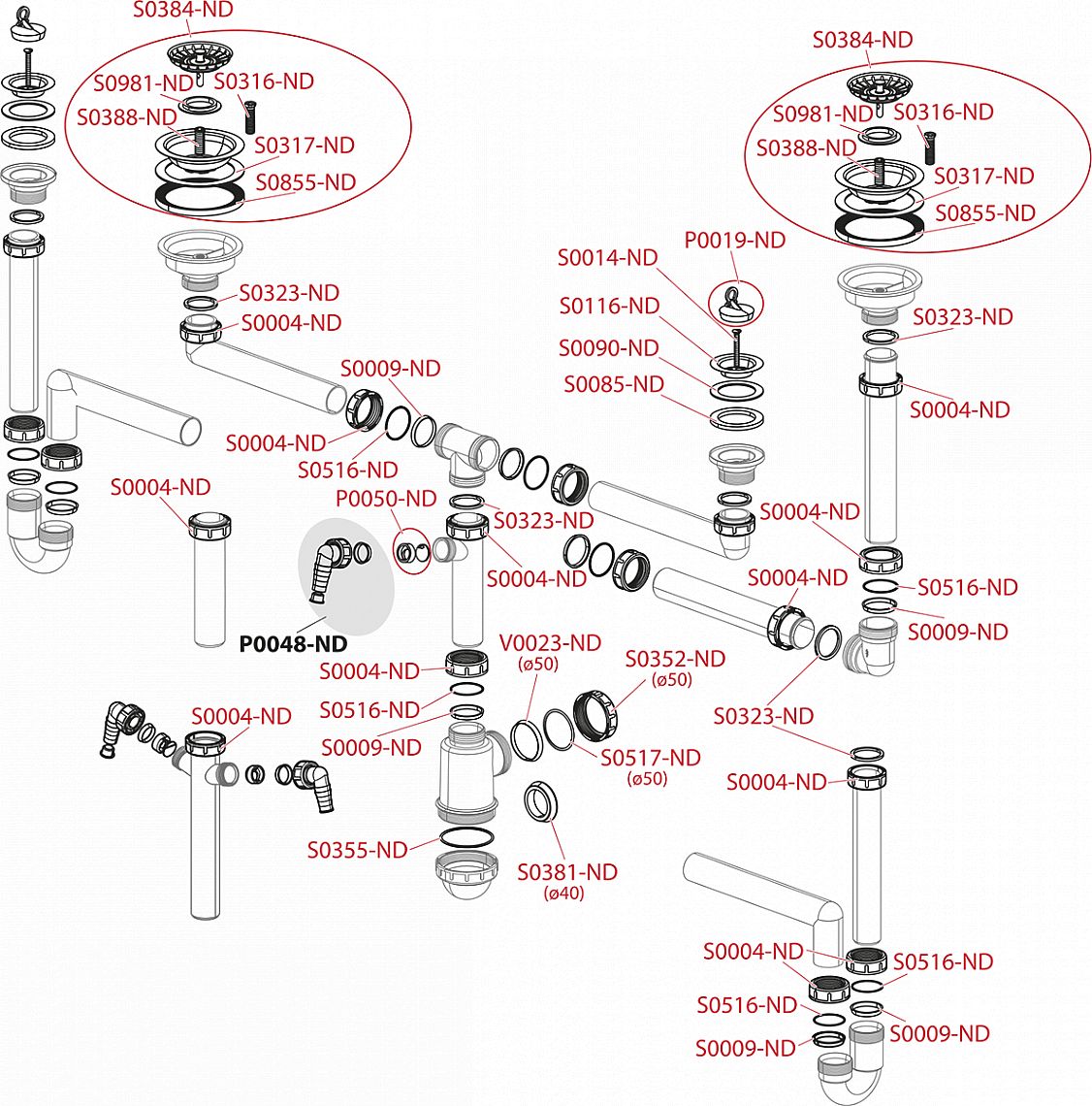 Sifon pro dvoudřez s převlečnými maticemi 6/4" DN50/40 Alcadrain A448