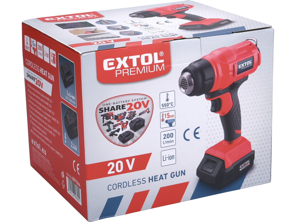 Pistole horkovzdušná aku SHARE20V, 550°C, 20V Li-ion, 2000mAh - včetně baterie Extol 8891866