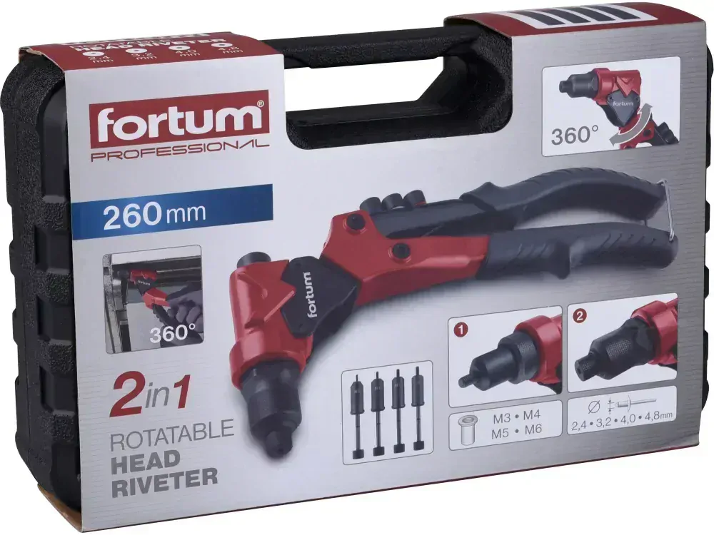 Fortum kleště nýtovací s otočnou hlavou COMBO, pro nýt. matice M3-M6 a trhací nýty