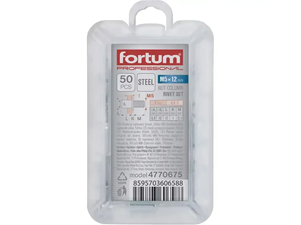 šrouby nýtovací ocelové sada 50ks, M5x10mm Fortum