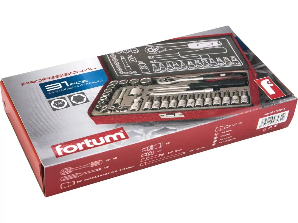 Hlavice nástrčné a zástrčné, sada 31ks, 1/4" Fortum 4700003