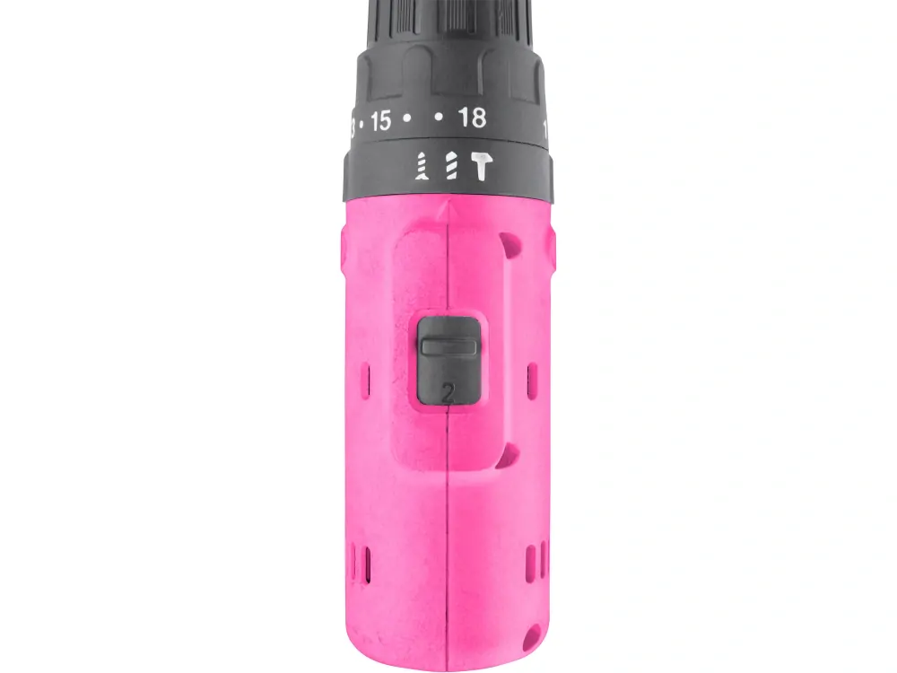 vrtací šroubovák aku s příklepem, růžový, 12V Li-ion, 2000mAh, v kufru s nářadím, sada 27ks