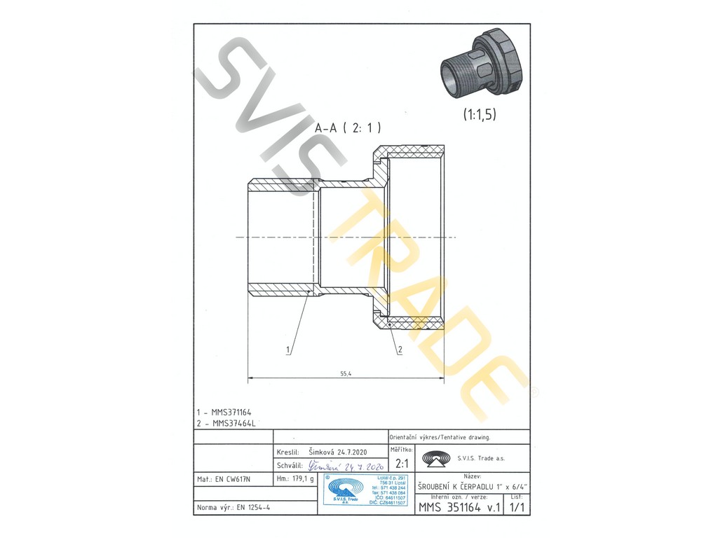Mosazné šroubení k čerpadlu 1"x6/4" MF STANDARD SVIS 351164