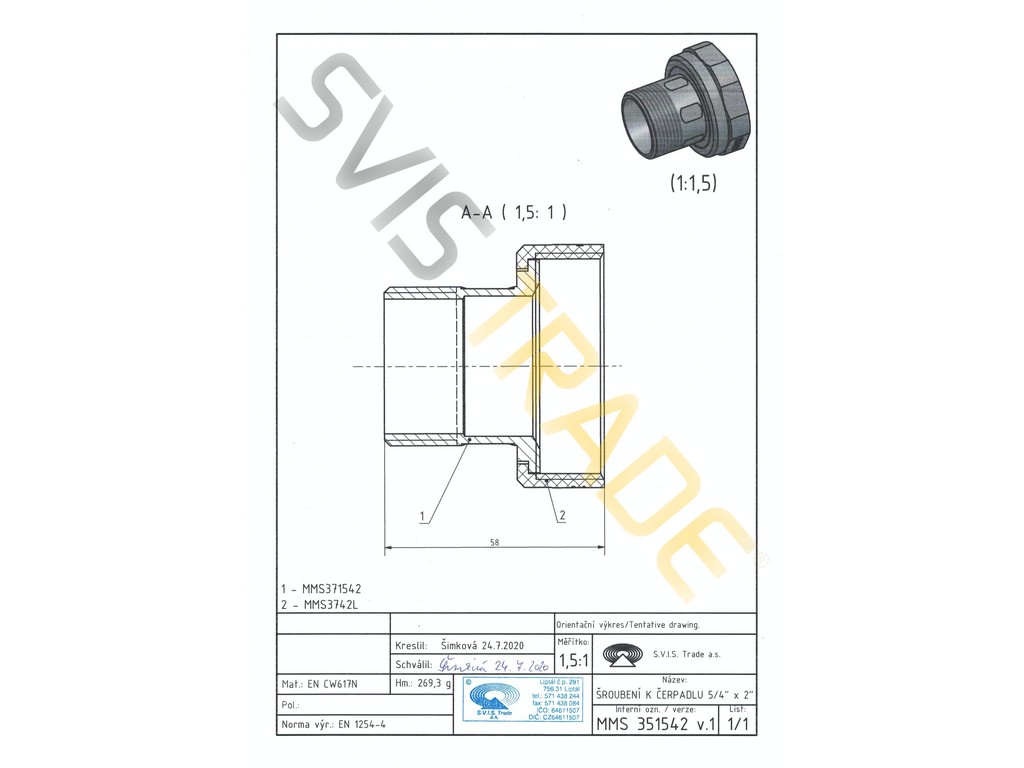 Mosazné šroubení k čerpadlu 5/4"x2" MF STANDARD SVIS 351542