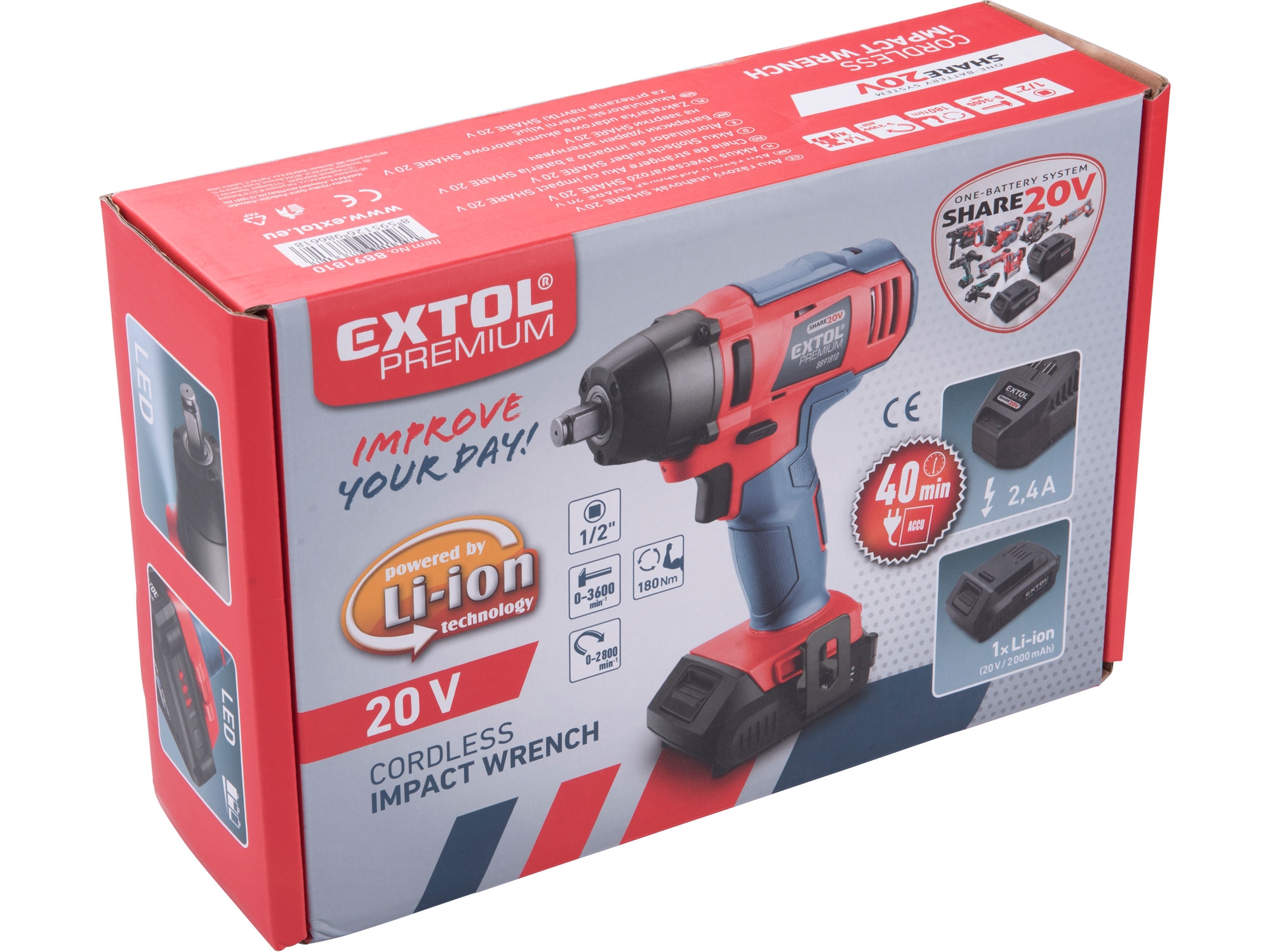 utahovák rázový 1/2" aku SHARE20V, 180Nm, 20V Li-ion, 2000mAh