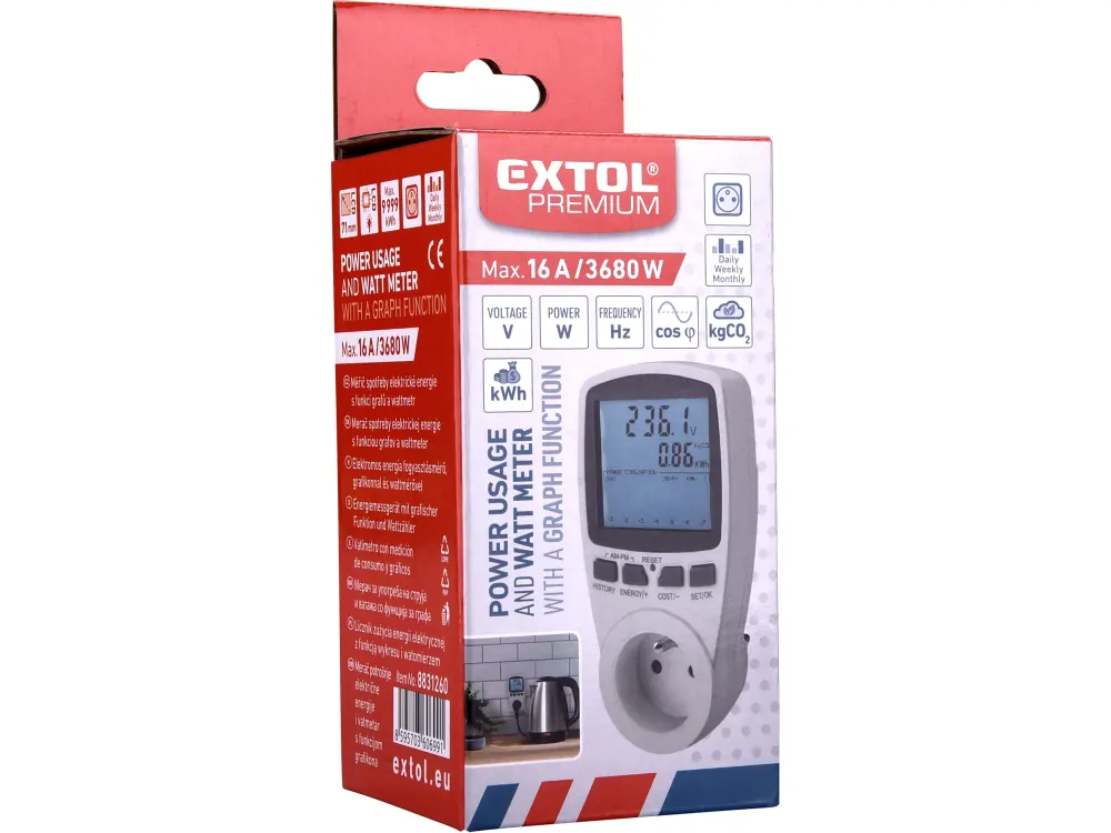 měřič spotřeby el. energie - wattmetr, kW, kWh, V, A, Hz Extol premium 8831260