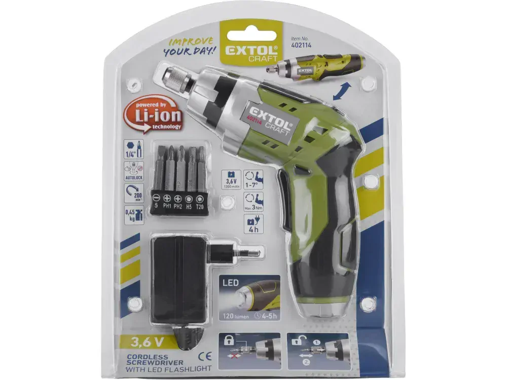 šroubovák aku 3,6V Li-ion, 1300mAh se svítilnou Extol