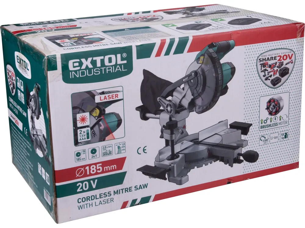 pila pokosová 185mm aku s laserem SHARE20V, BRUSHLESS, 20V Li-ion, bez baterie a nabíječky Extol industrial 8791827