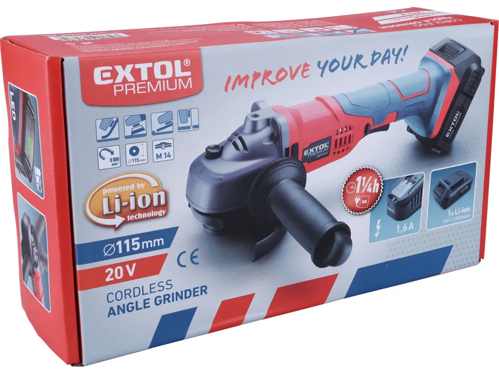 bruska úhlová aku SHARE20V, 115mm, 20V Li-ion, 2000mAh , Extol premium 8891840